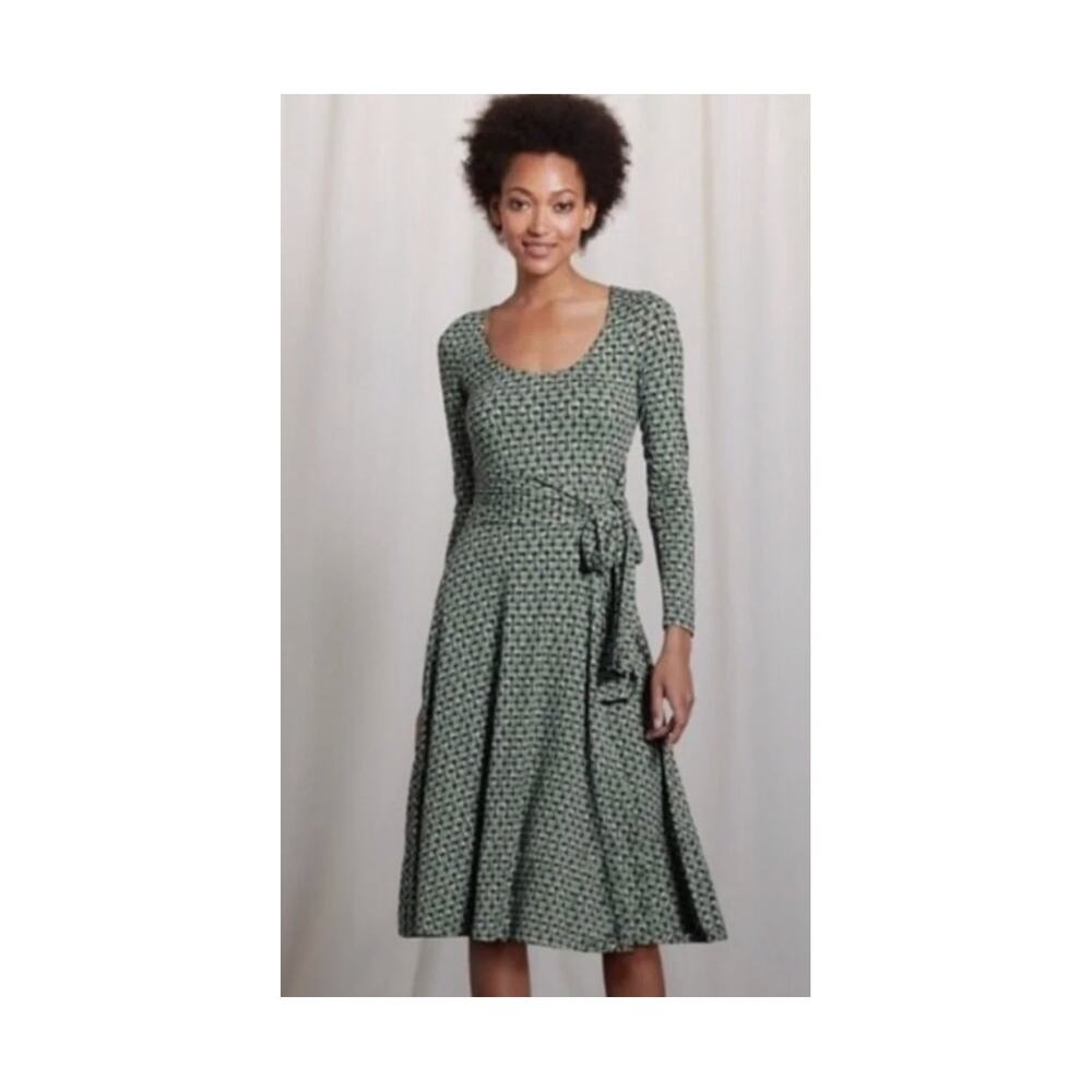 Boden Dress Women 6 Reg Green Geo Matrix Stretch Jersey Faux Wrap Long Sleeve